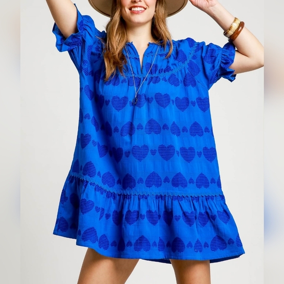 Umgee Heart Pattern Short Sleeve Ruffle Babydoll Dress - Picture 1 of 6